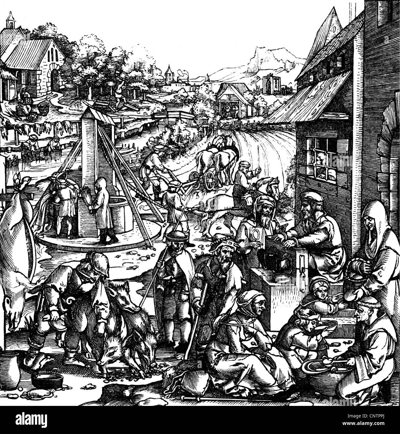 Middle Ages, society, life in a village, woodcut by Hans Sebald Beham (1500 - 1550), women, monk, monks, peasants, peasant, butchers, butcher, butchering, trade, well, wells, 16th century, Renaissance, people, pig, swine, pigs, swines, animal, animals, pillory, pillories, punishment, punishments, poor man, poor woman, the poor, poverty, historic, historical, medieval, people, female, Additional-Rights-Clearences-Not Available Stock Photo