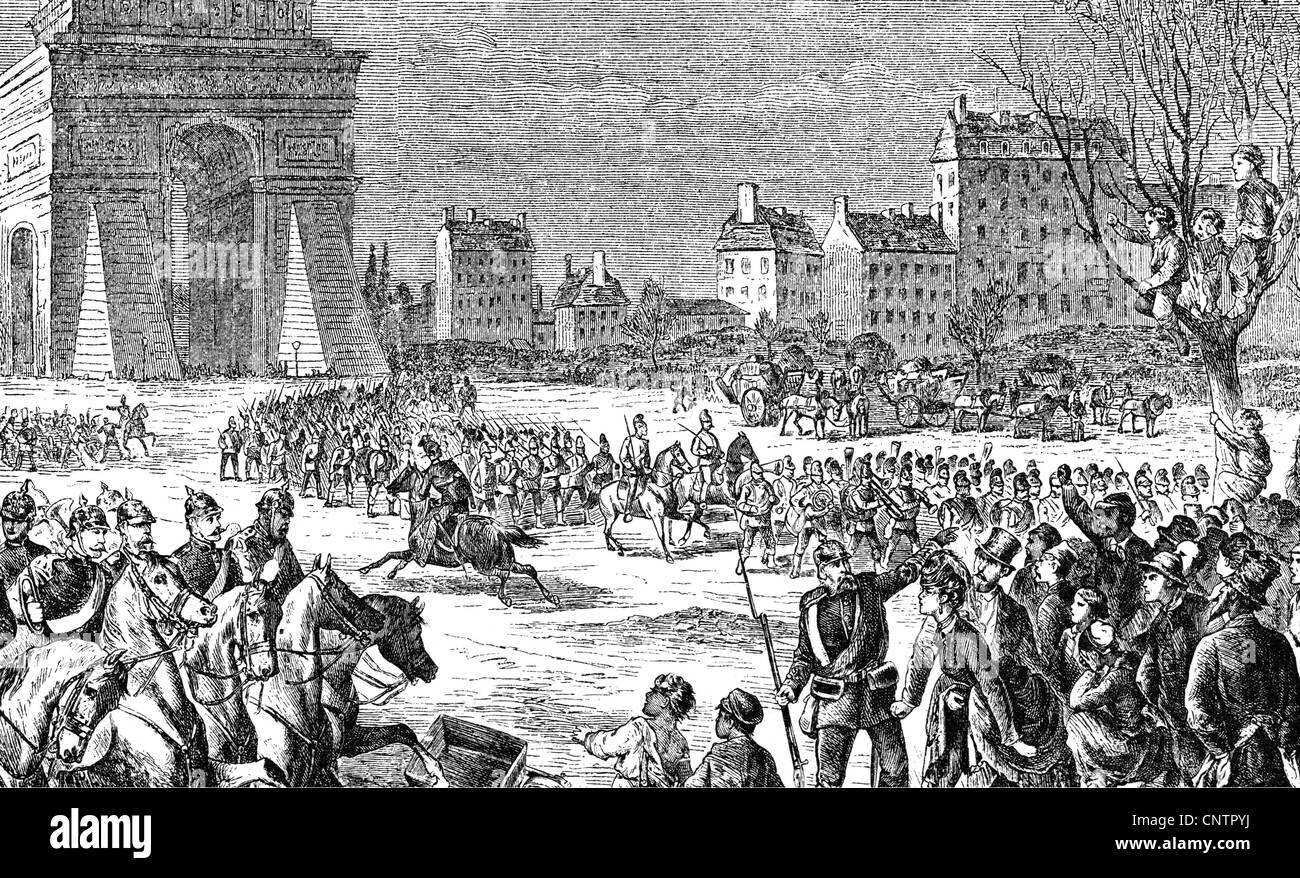 events, Franco-Prussian War 1870 - 1871, occupation of Paris, German troops entering the city, 1.3.1871, contemporay wood engraving. Arc de Triomphe, soldiers, population, anger, Germany, France, Franco - Prussian, historic, historical, 19th century, people, Additional-Rights-Clearences-Not Available Stock Photo
