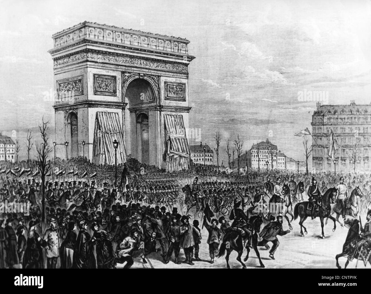 events, Franco-Prussian War 1870 - 1871, occupation of Paris, German troops entering the city, 1.3.1871, contemporary wood engraving, Arc de Triomphe, soldiers, Bavarians, Prussians, population, Germany, France, Franco - Prussian, 19th century, historic, historical, people, Additional-Rights-Clearences-Not Available Stock Photo