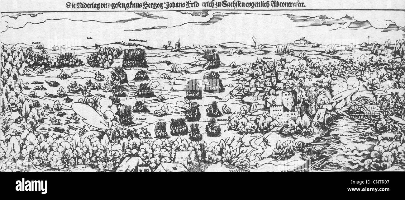 events, Schmalkaldic War 1546/1547, Battle of Muehlberg, 24.4.1547, detail from a contemporary leaflet, Germany, Protestant Reformation, Catholics, Protestants, religious wars, religion, Schmalkaldic League, military, historic, historical, 16th century, Mühlberg , Muhlberg, people, Additional-Rights-Clearences-Not Available Stock Photo