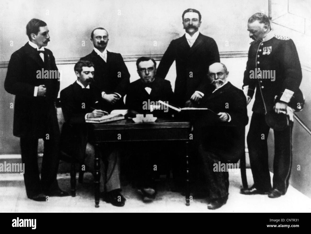 sport, Olympic Games, officials of the 1st Olympic Committee, standing from left: Willibald Gebhardt, Jiri Guth-Jarkovsky, Ferenc Kemeny, Viktor Balck, sitting from left: Baron Pierre de Coubertin, Demetrius Vikelas, Alexey Butovsky, Athens, 1896, Additional-Rights-Clearences-Not Available Stock Photo