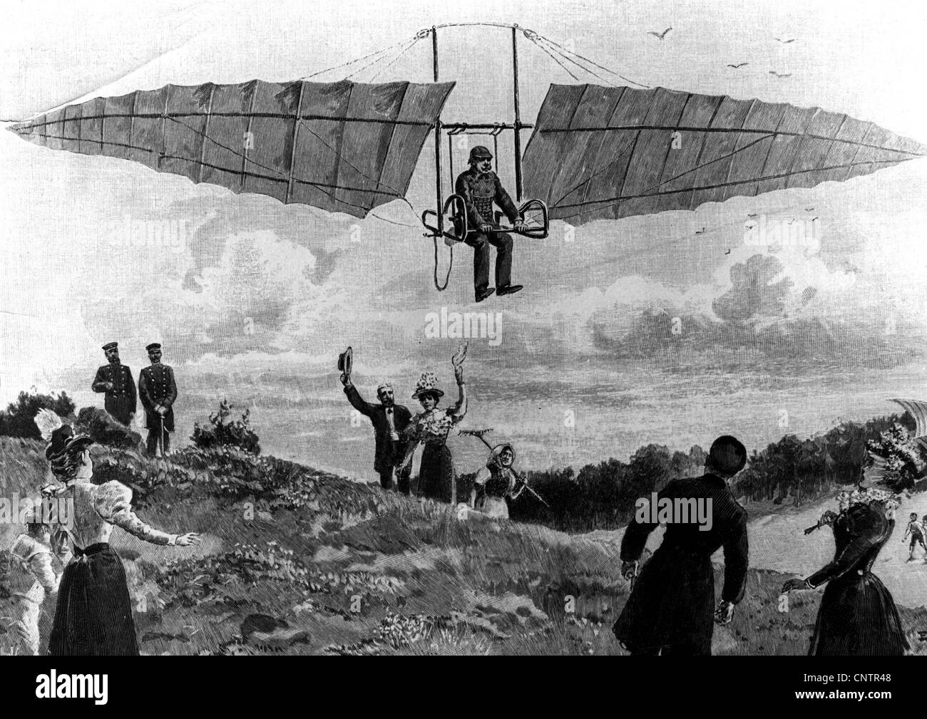 transport / transportation, aviation, early aerial vehicles, flying vehicle by Buttenstedt, flight test, drawing by E. Hosang, 19th century, historic, historical, aerial vehicles, aerial vehicle, aircraft, aircraft, spectator, spectators, aviation pioneer, people, Additional-Rights-Clearences-Not Available Stock Photo
