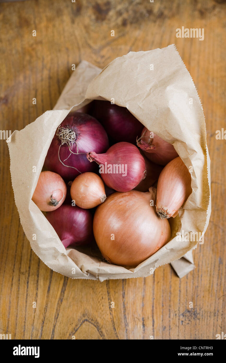 Open bag of mixed onions Stock Photo