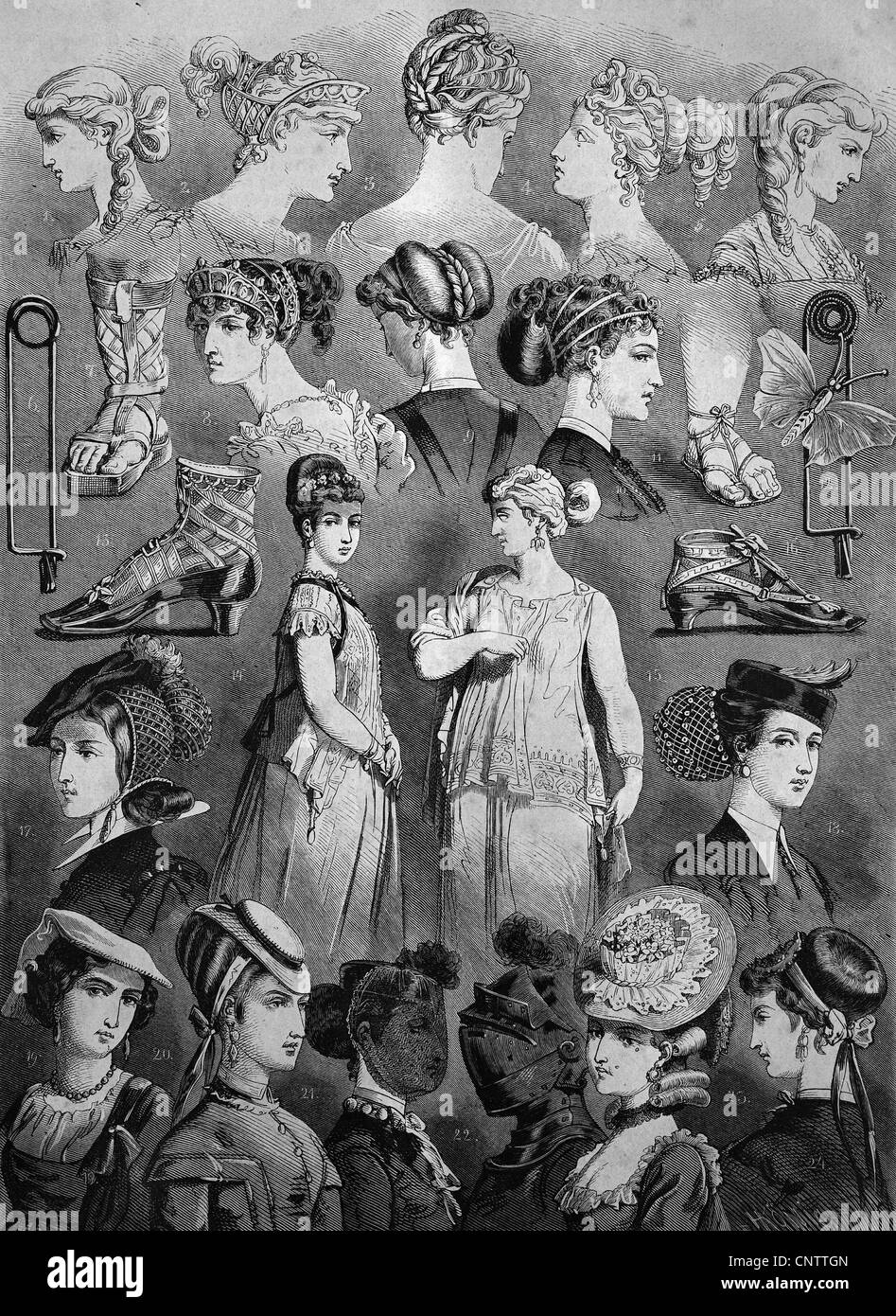 Ladies fashion c. 1869, historical engraving, 1869 Stock Photo