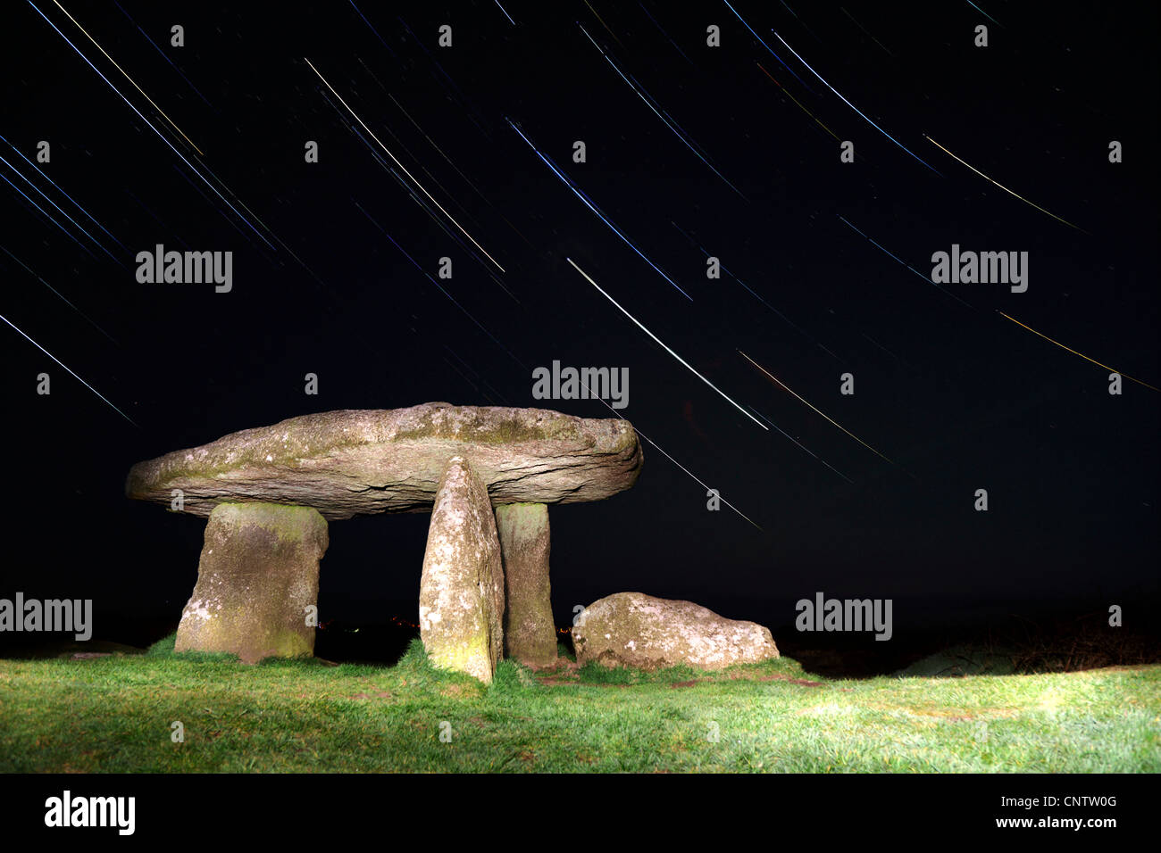 Lanyon Quoit at night; with star trails; Cornwall; UK Stock Photo