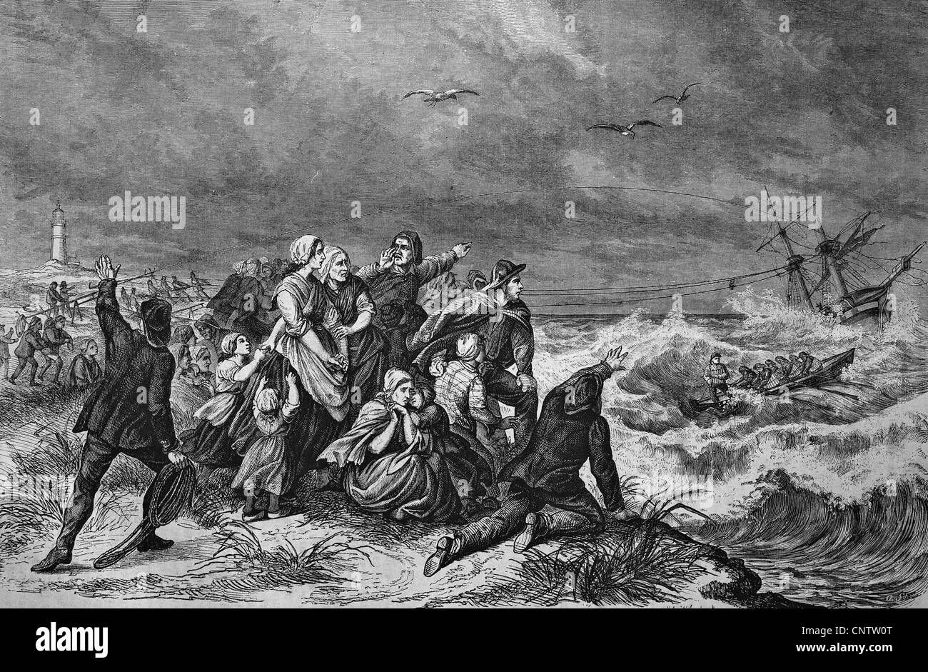 Maritime rescue of shipwrecked people with a rocket apparatus, historical engraving, 1869 Stock Photo