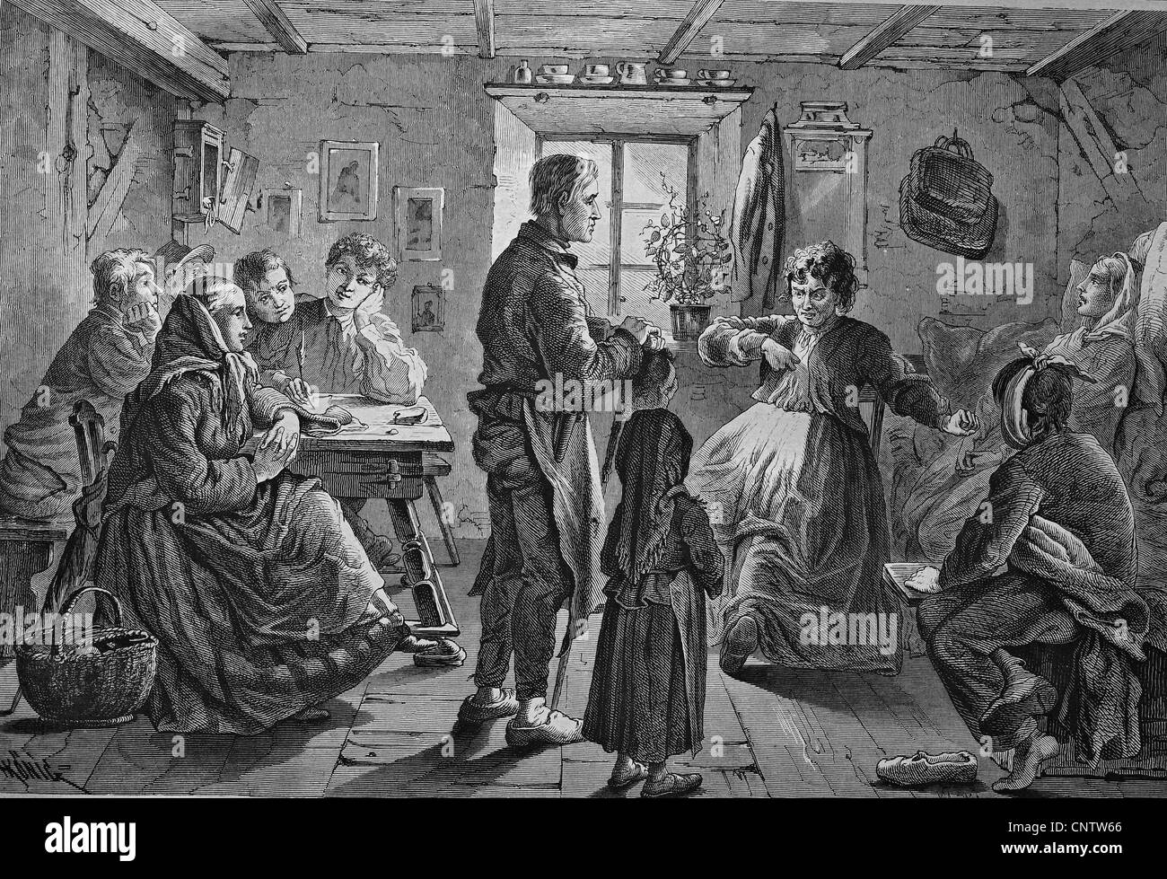At Dorfsibylle's home, historical engraving, 1869 Stock Photo