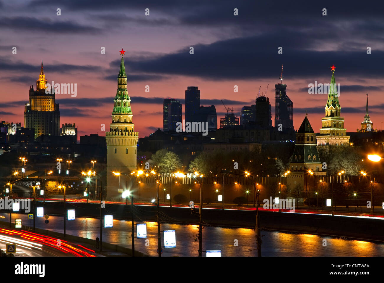 Moscow, Russia, night view on Kremlin, city comlex and building of the Ministry of Internal Affairs. Stock Photo