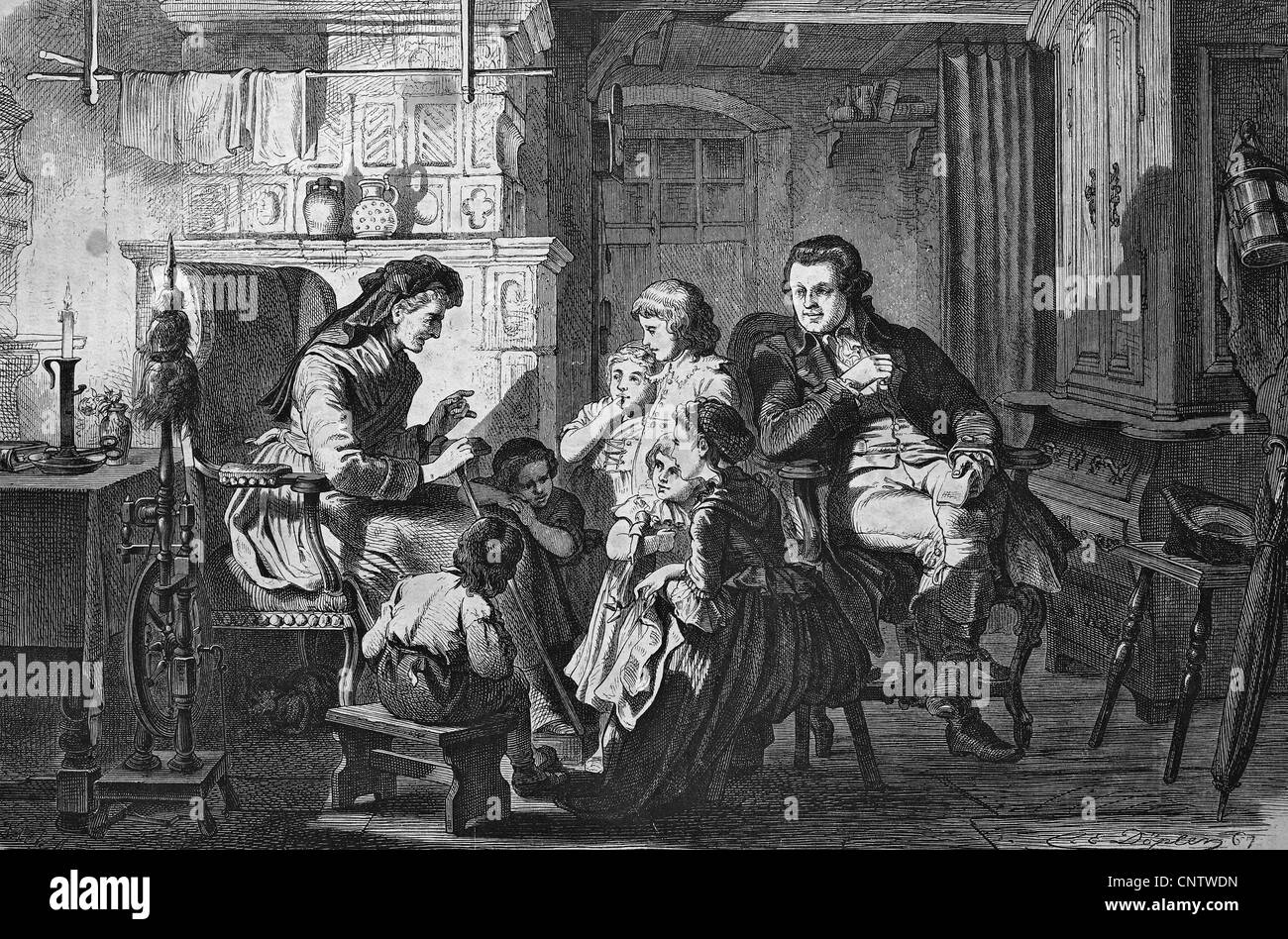 Musaeus collecting fairy tales, Johann Karl August Musaeus, 1735-1787, German writer, literary critic, teacher, scholar and coll Stock Photo