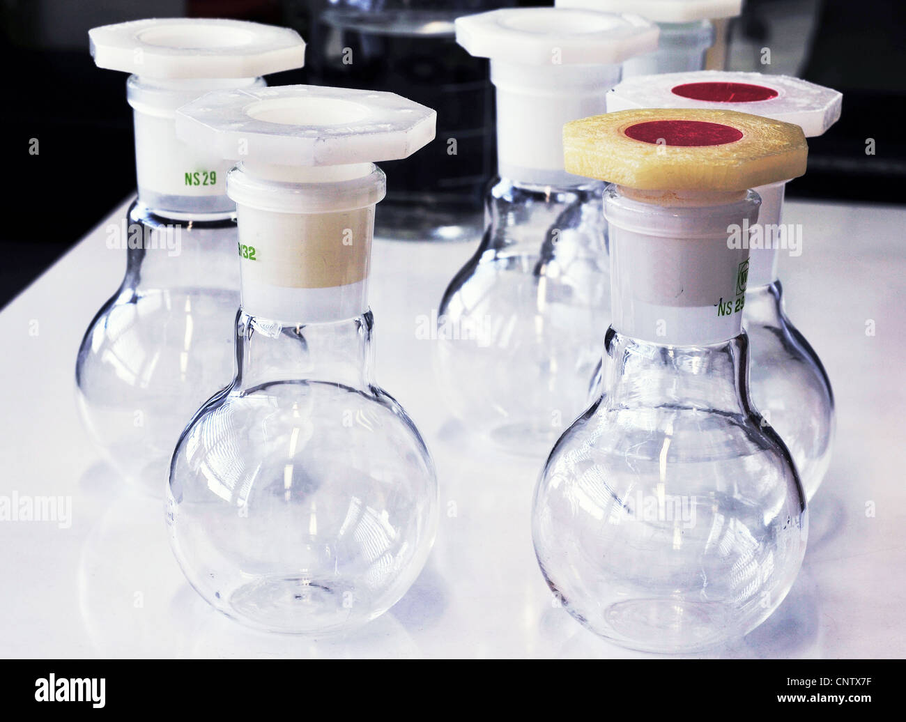 Liquid in beakers in lab Stock Photo Alamy
