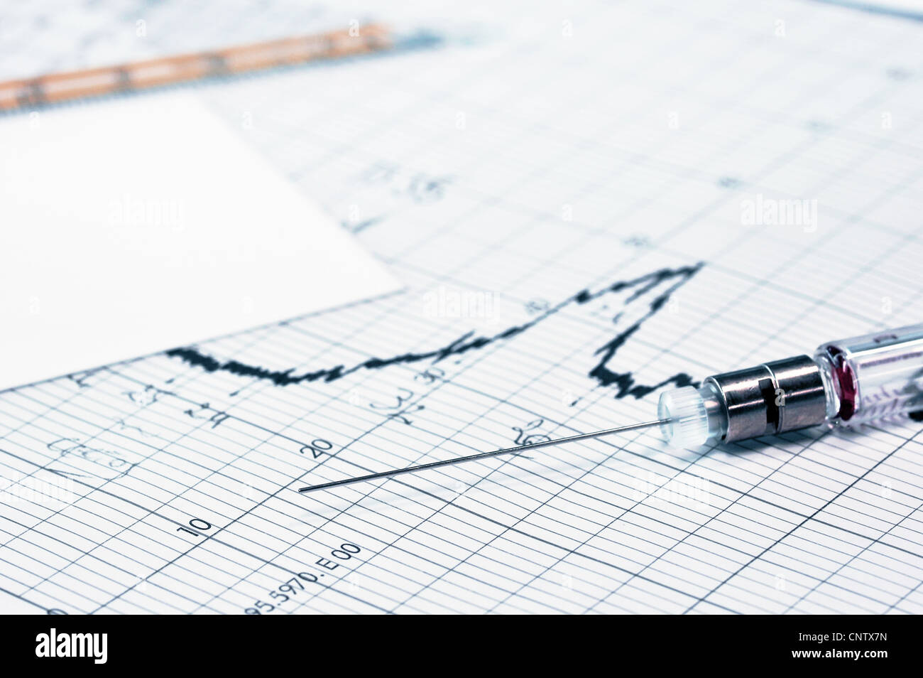 Close up of syringe on graph in lab Stock Photo Alamy