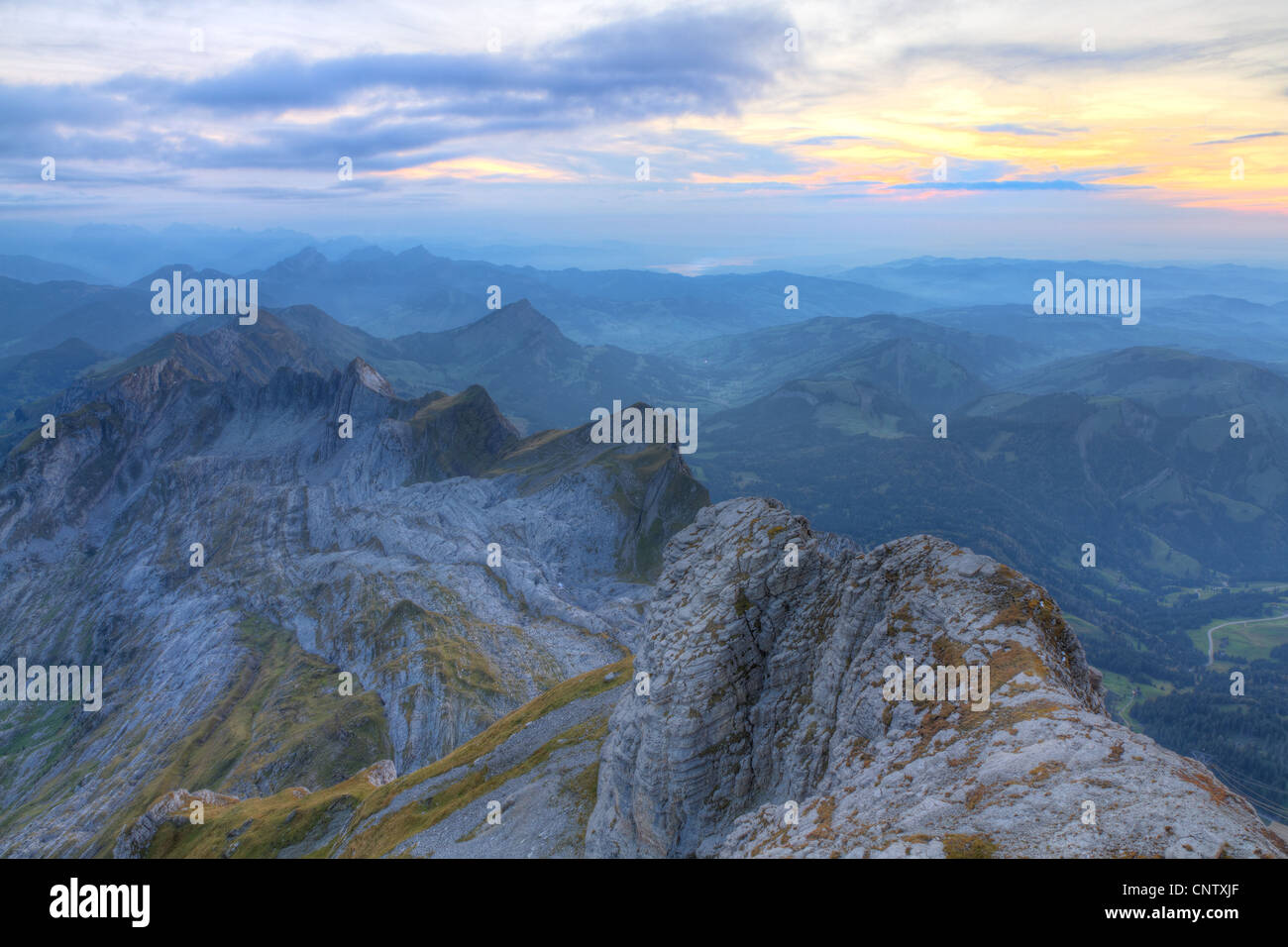 Ragged Ranges alpine ragged sharp karst mountain top ranges disapear in misty ...