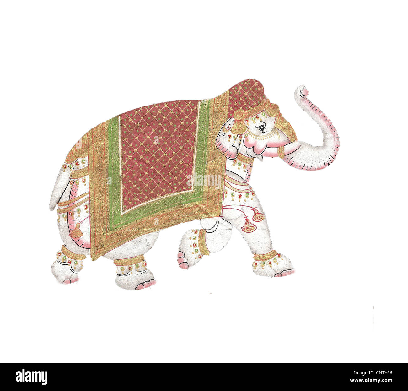 Caparisoned elephant on parade.Indian miniature painting on 19th century paper. Udaipur, India Stock Photo