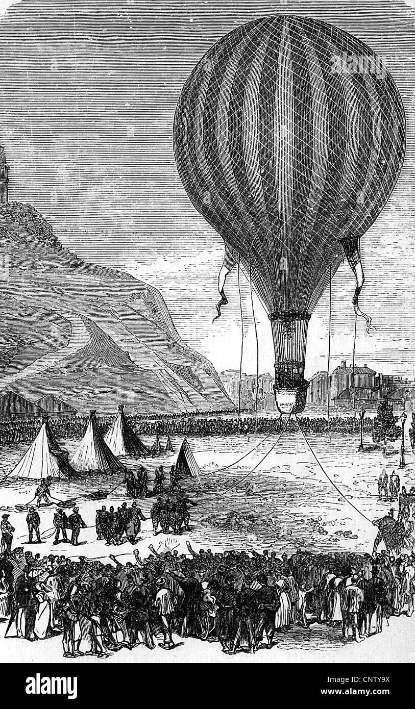 transport / transportation, aviation, balloon, balloon station at Montmartre, Paris, France, wood engraving, 19th century, historic, historical, balloon ride, balloon rides, liftoff, liftoffs, start, launch, launches, spectator, spectators, audience, audiences, aerial vehicles, aerial vehicle, captive balloon, captive balloons, hot-air balloon, hot-air balloons, people, Additional-Rights-Clearences-Not Available Stock Photo