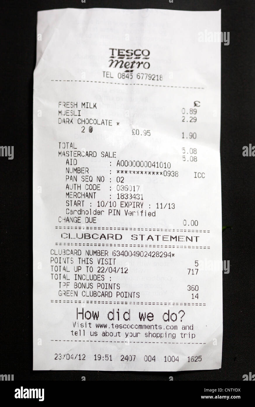 Tesco Shopping Receipt Stock Photo