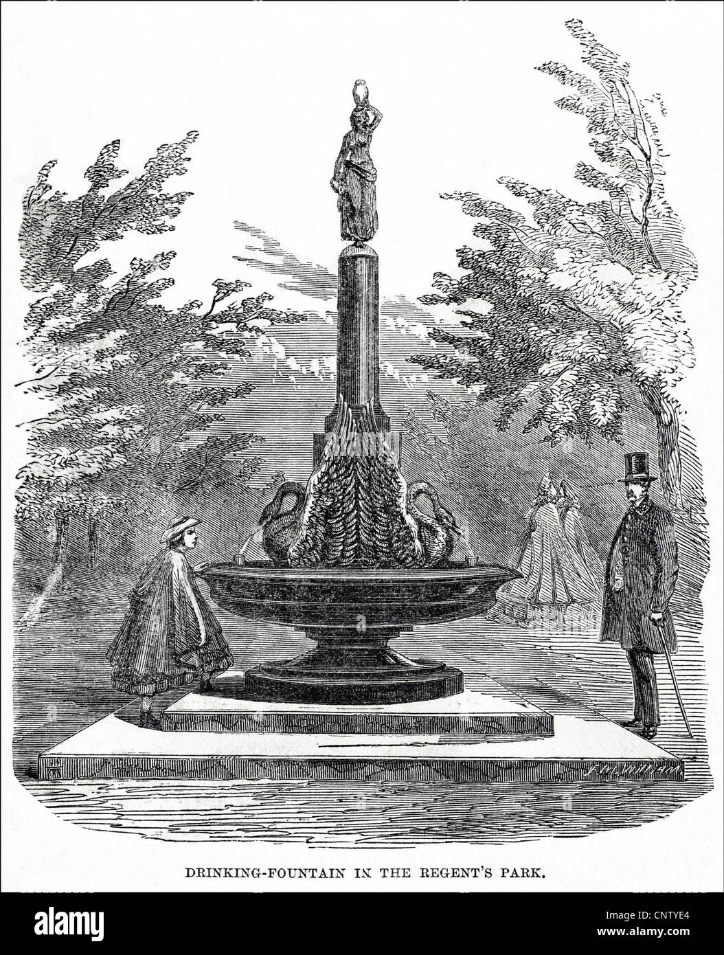 The new drinking fountain in Regent's Park. Victorian engraving dated 12th July 1862 Stock Photo