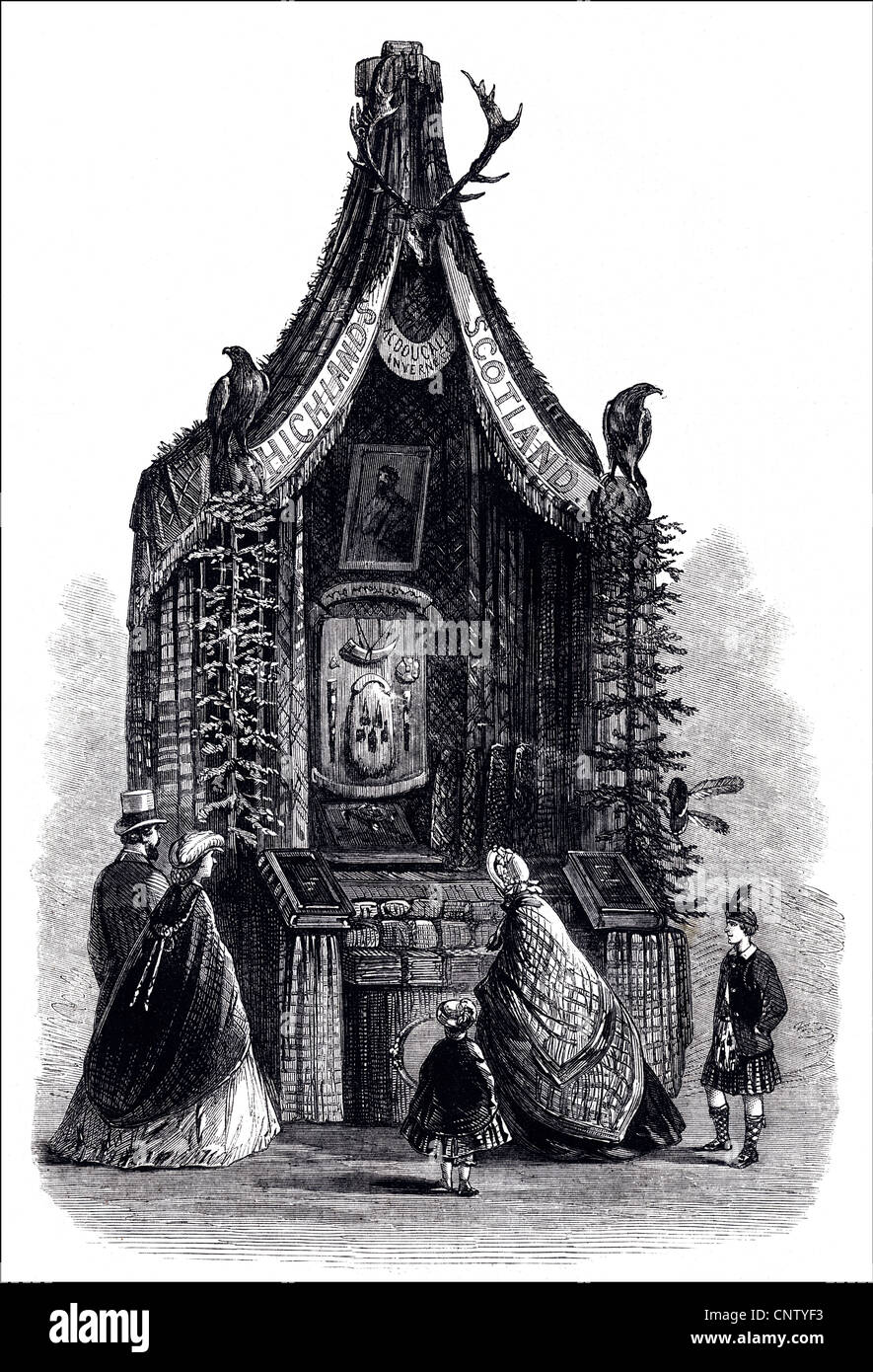 McDougall's stall - The Highlands of Scotland exhibited at The International Exhibition South Kensington London. Victorian engraving dated 12th July 1862 Stock Photo