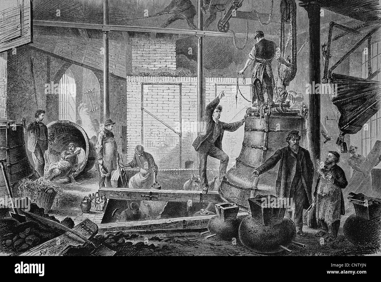 Cast room of a bell foundry, historical woodcut, circa 1870 Stock Photo