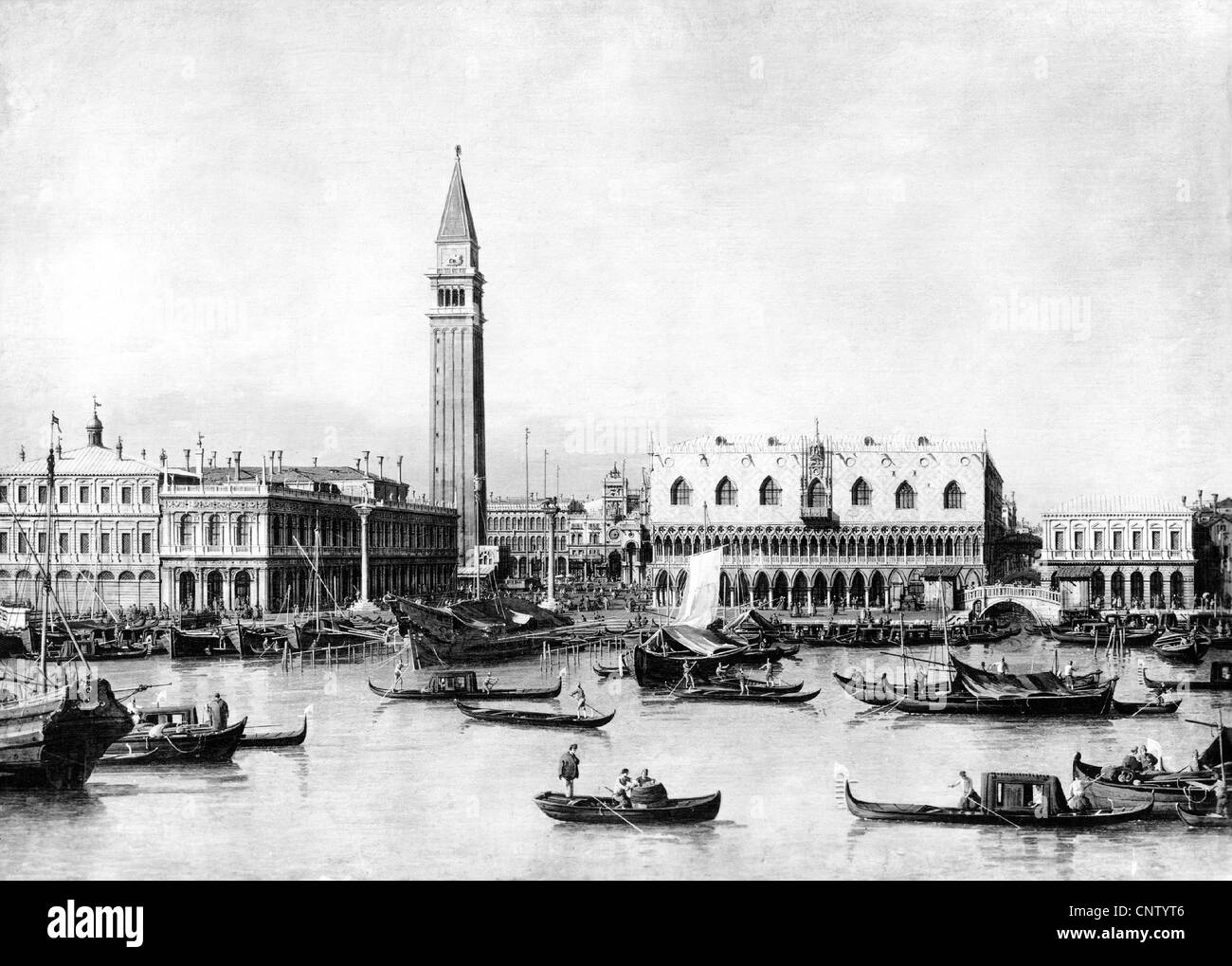 geography / travel, Italy, Venice, Piazetta, after painting by Bernardo Bellotto (Canaletto), historic, historical, 18th century, campanile, Piazza San Marco, St Mark's Square, Veneto, Venetia, Southern Europe, metropolis, gondola, gondolas, traffic volume, Canale Grande, people, Additional-Rights-Clearences-Not Available Stock Photo