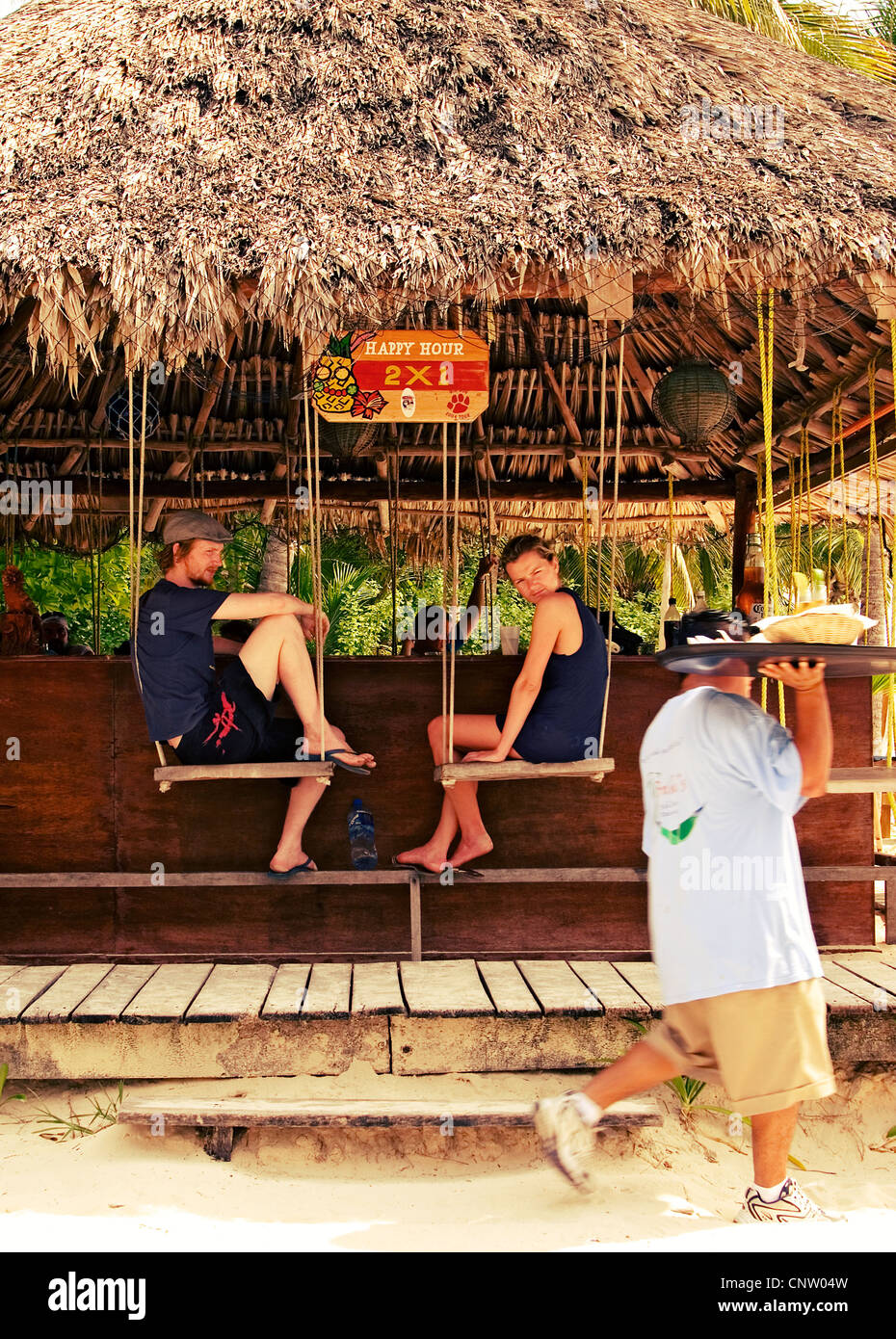Happy hour at a beachside bar in Isla Mujeres on Playa Norte. Stock Photo