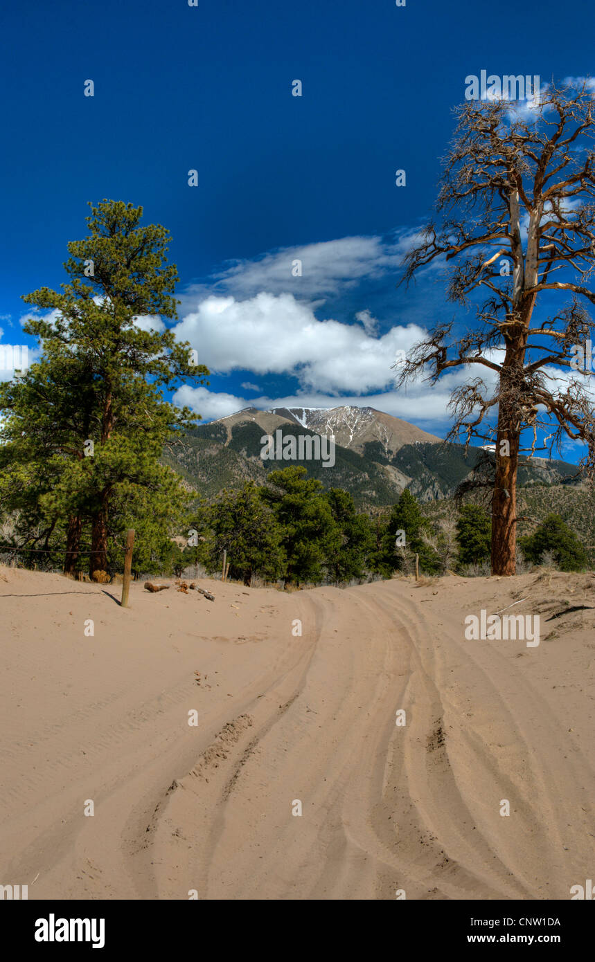 A view of Mt. Herard from the four-wheel-drive-only Mendano Pass Road in the Great Sand Dunes National Park, Colorado Stock Photo