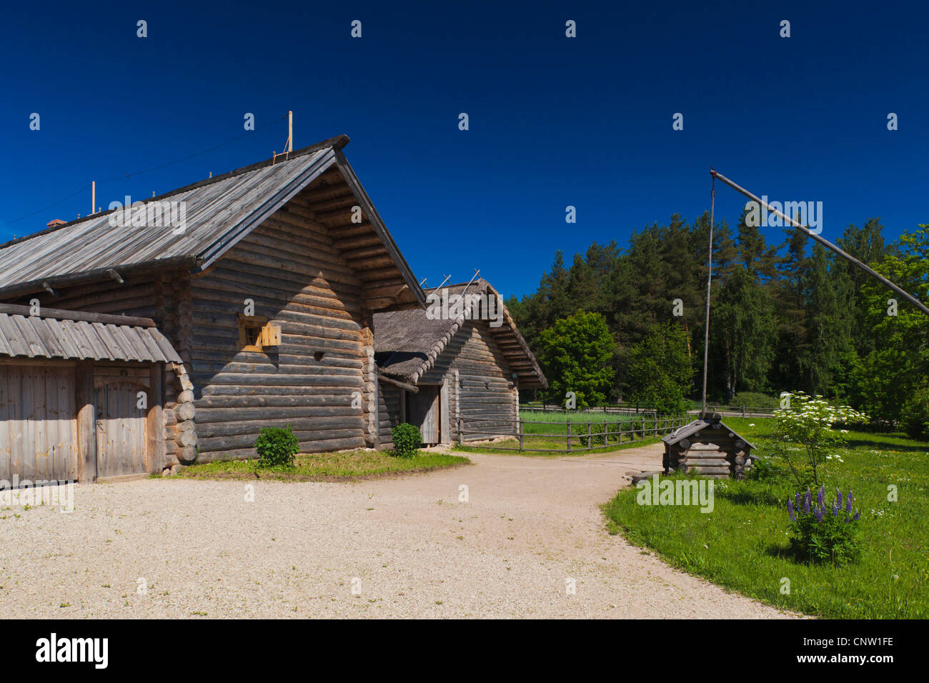 Russia, Pskovskaya Oblast, Pushkinskie Gory, wooden architecture museum Stock Photo