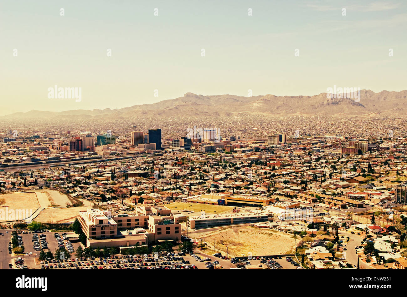 View of El Paso skyline from Franklin Mountains State Park. Ciudad Juarez is in the background. Stock Photo