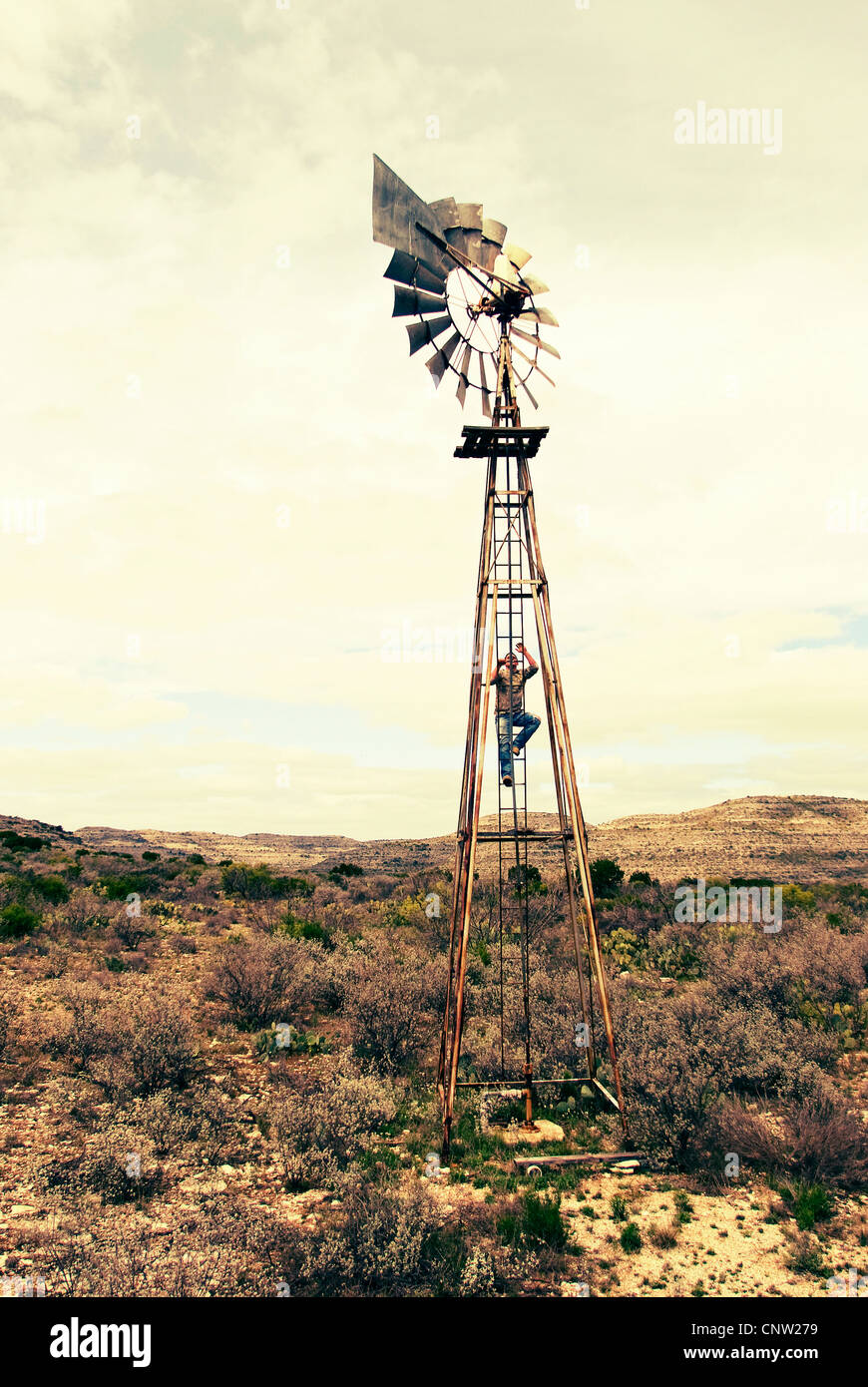 A windmill at a farm in Pandale, TX. Stock Photo