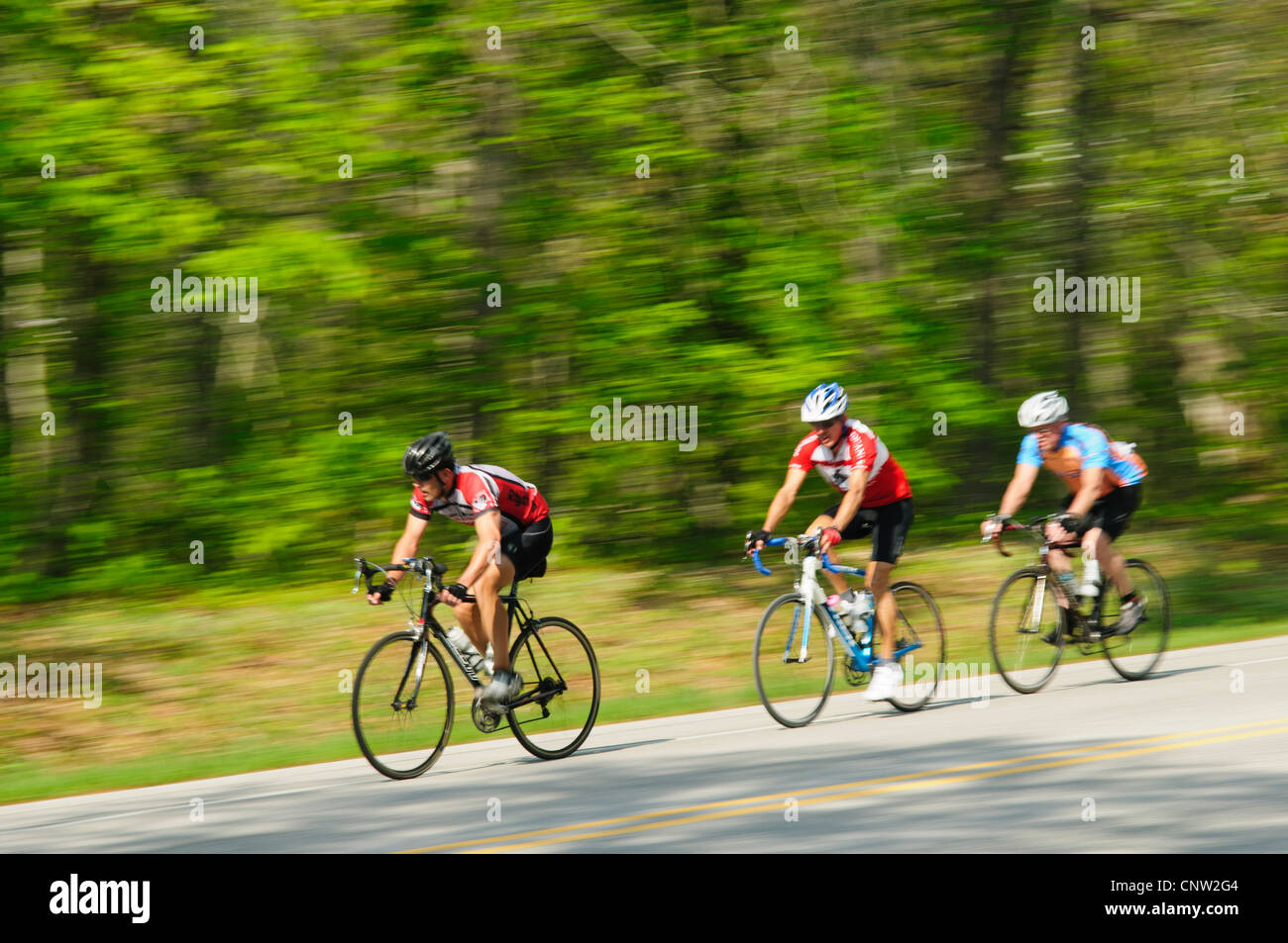Three male cyclists riding on Highway 14 in the Ozark National Forest of Arkansas Stock Photo
