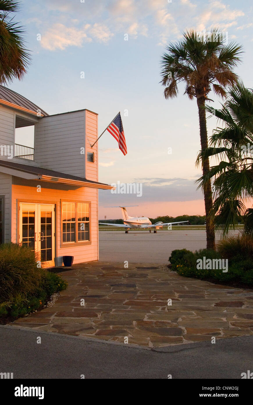 Exterior of the Hangar Hotel, a lodge with aviation themes built beside an airstrip. Stock Photo