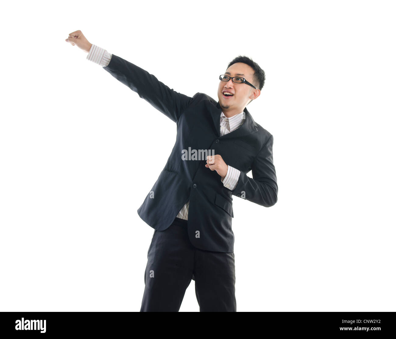 young business man with arms raised in success isolated on white ...