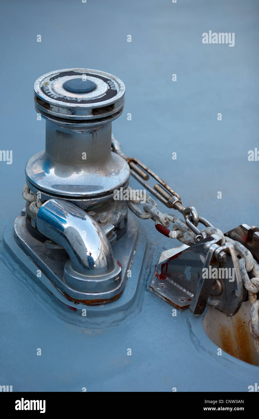 An anchor chain winch on the for' deck of a boat Stock Photo 47879965 Alamy