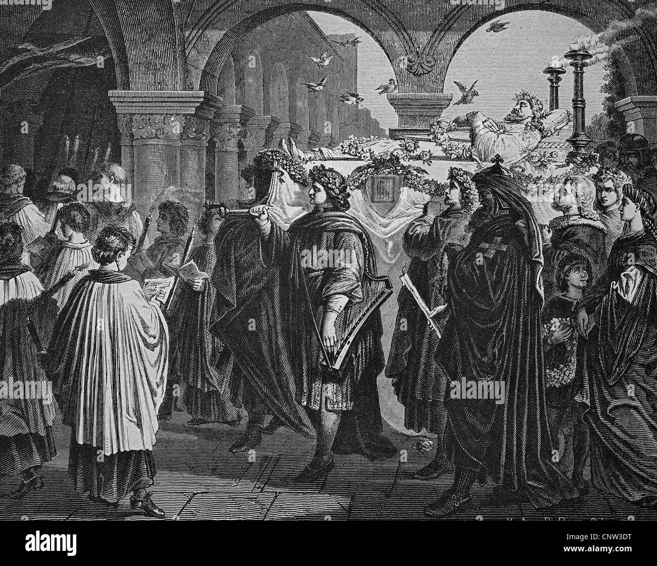 Funeral of Walter von der Vogelweide in Wuerzburg, Bavaria, Germany, 1230, historical engraving, 1869 Stock Photo
