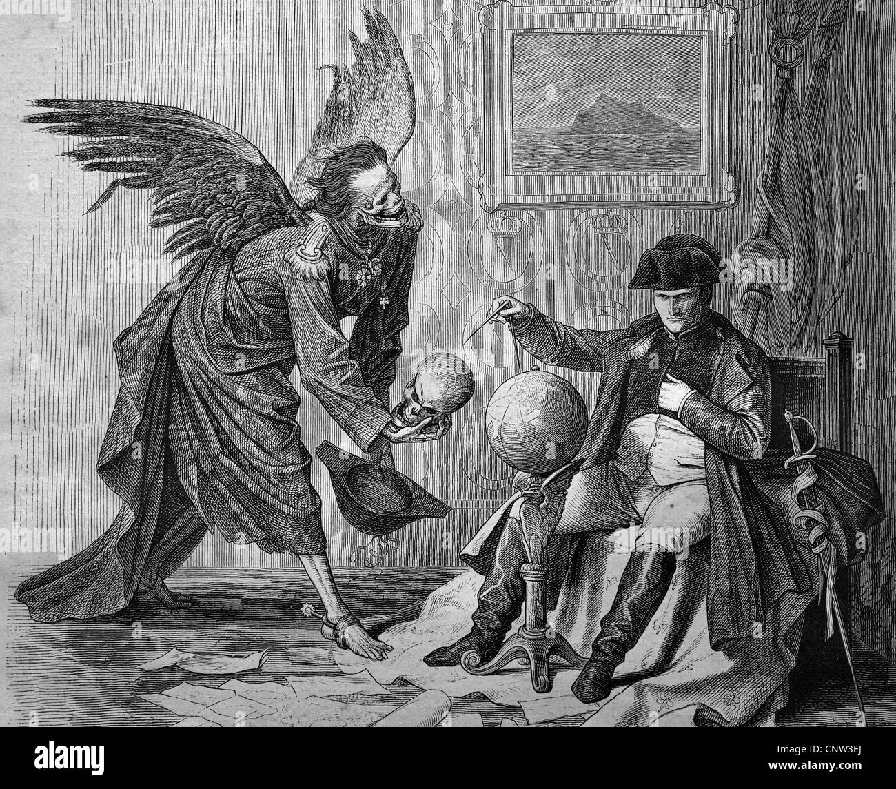 Emperor Napoleon Bonaparte and Death, Kaulbach's Dance Macaber, historic engraving, 1869 Stock Photo