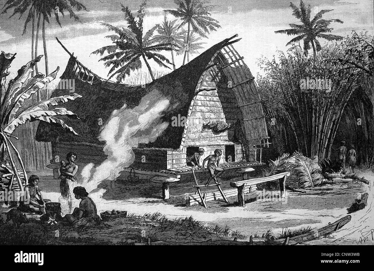 Large house in Hihiaura, Eastern Cape, New Guinea, historical wood engraving, 1886 Stock Photo
