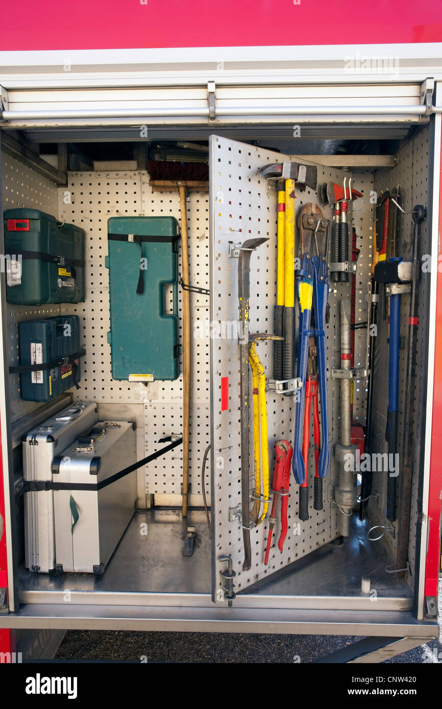 Fire truck tools on display Stock Photo Alamy