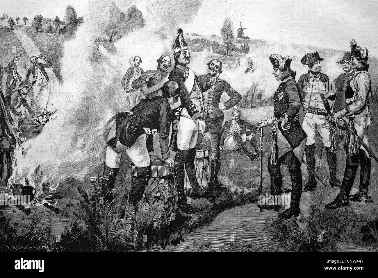 Frederick the Great, among his grenadiers, historical wood engraving, 1886 Stock Photo