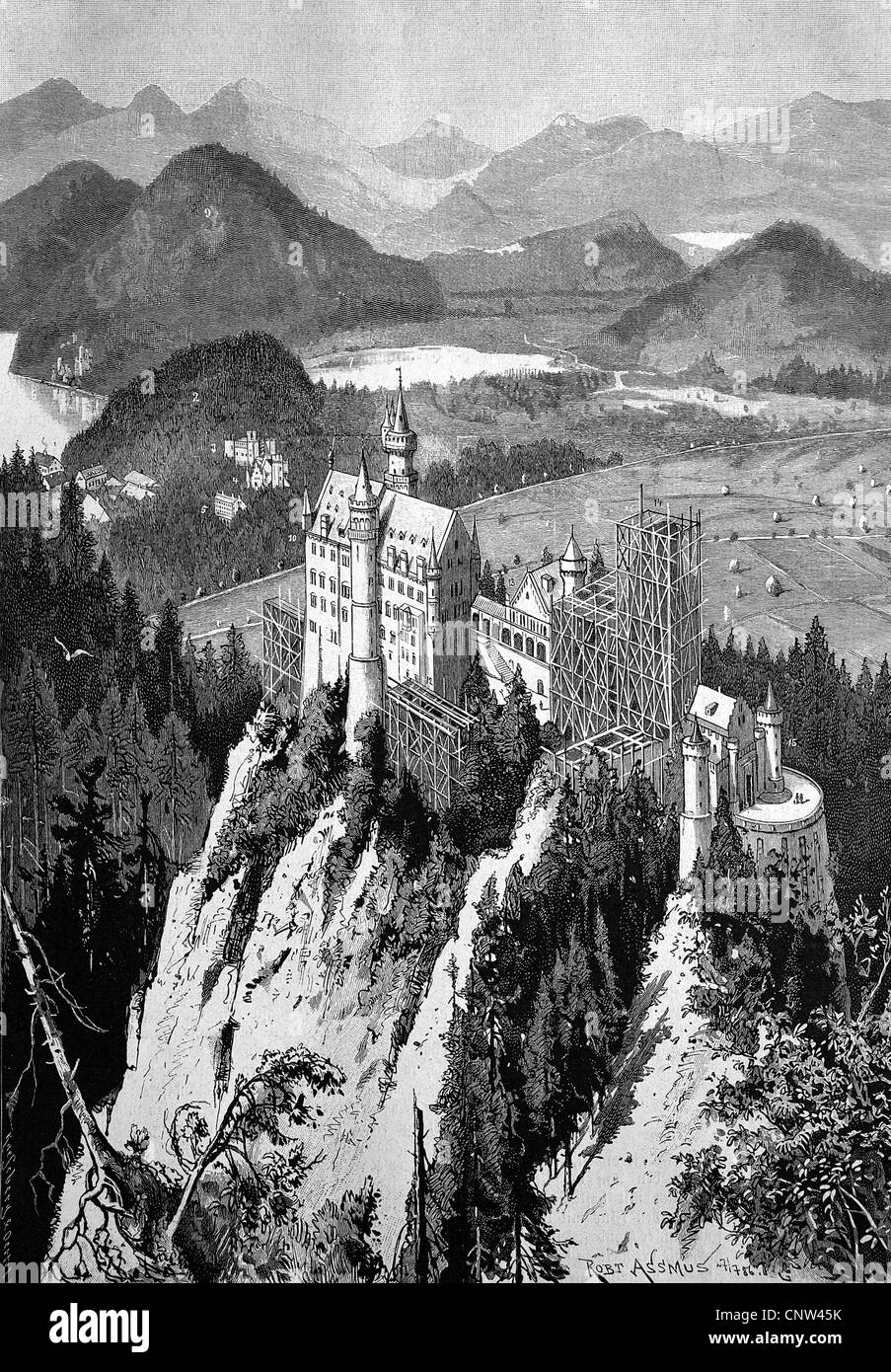Construction of Schloss Neuschwanstein Castle, Bavaria, Germany, historical wood engraving, 1886 Stock Photo