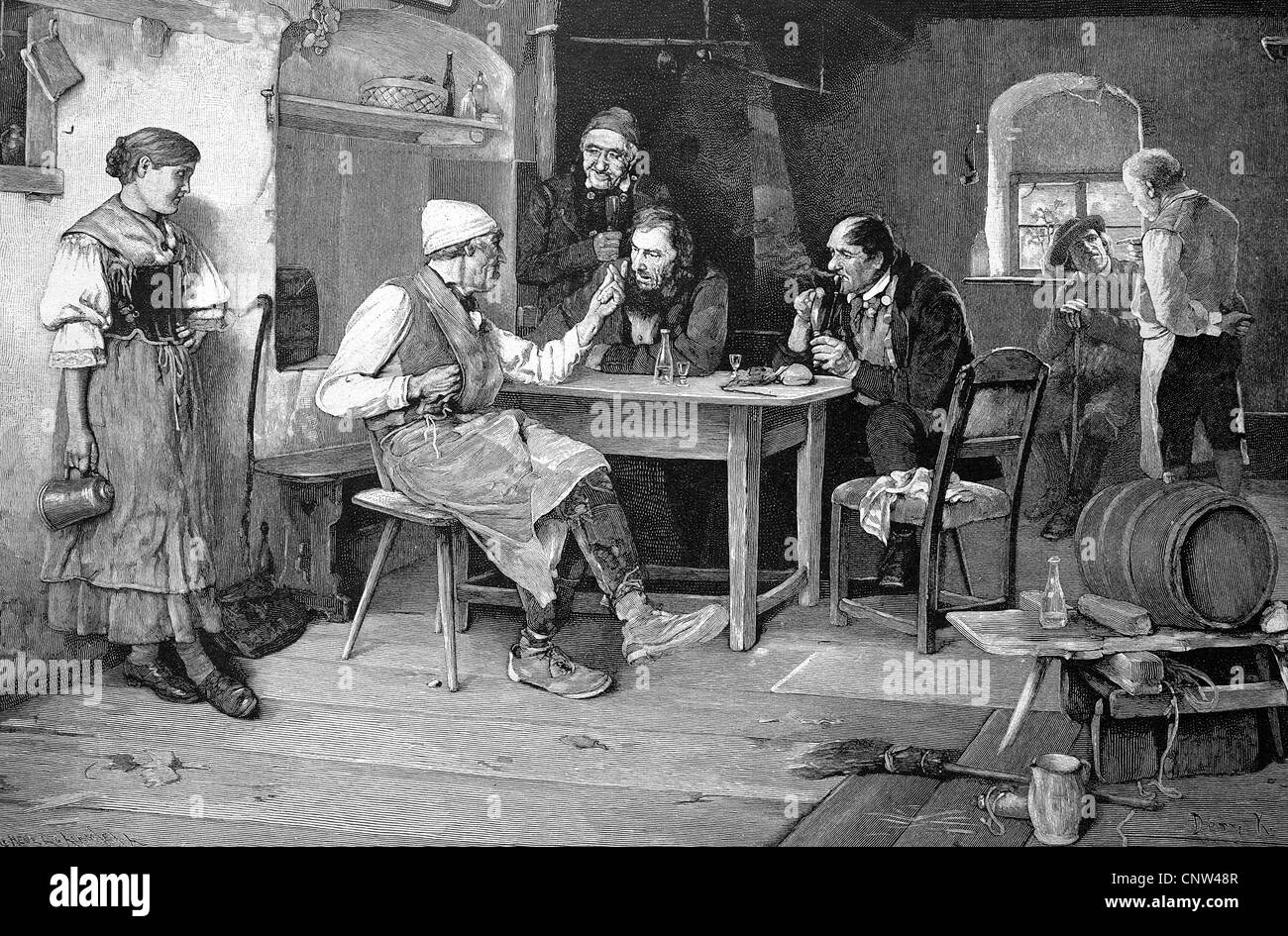 Farmers in the pub on Sunday, historical wood engraving, 1886 Stock Photo