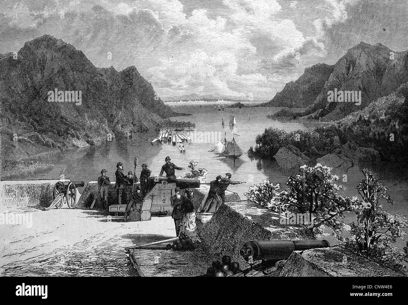 View over the Hudson River, from West Point, New York, United States, historical wood engraving, 1886 Stock Photo