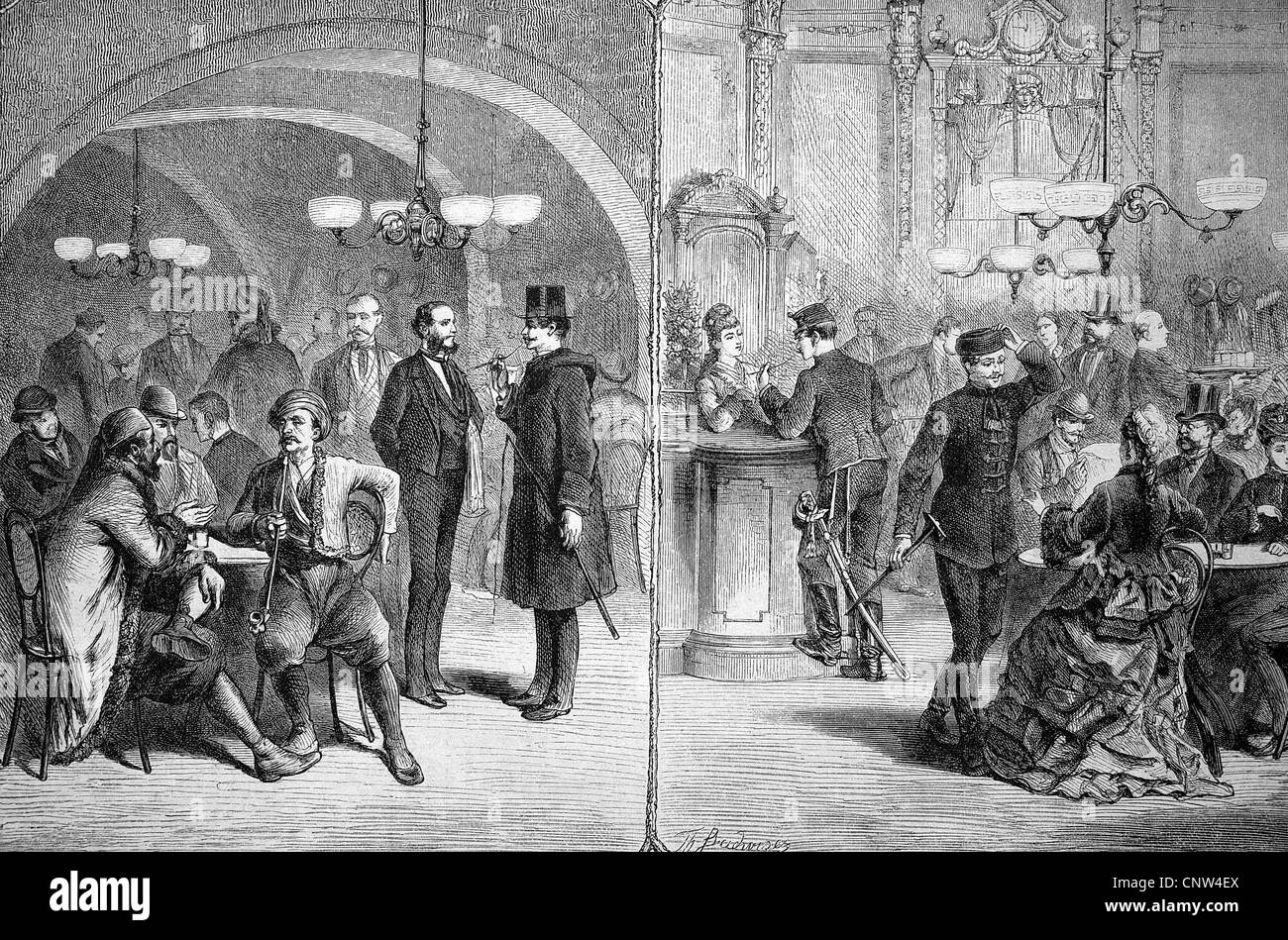 Viennese coffee house in Vienna, Austria, historical wood engraving, 1886 Stock Photo