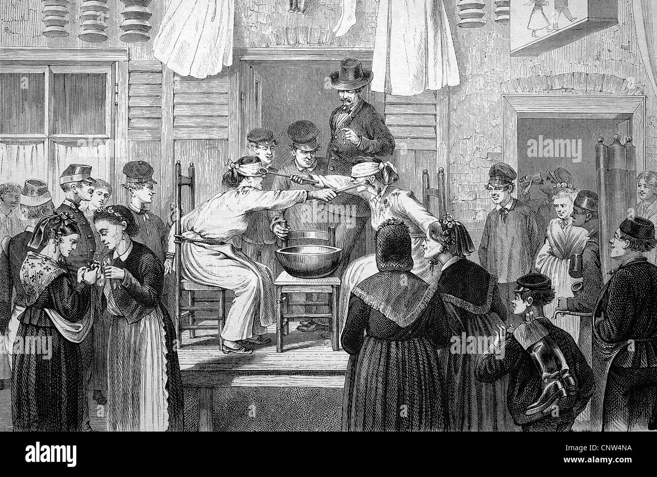 Porridge fight in the Marolles district in Brussels, Belgium, historical wood engraving, 1886 Stock Photo