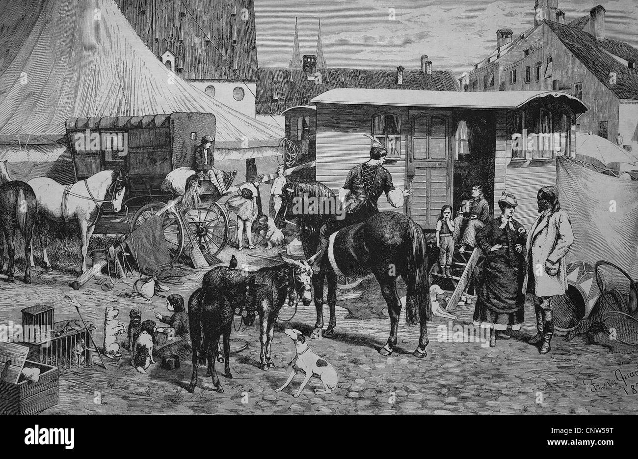 Caravan park from a circus, historical engraving, 1880 Stock Photo