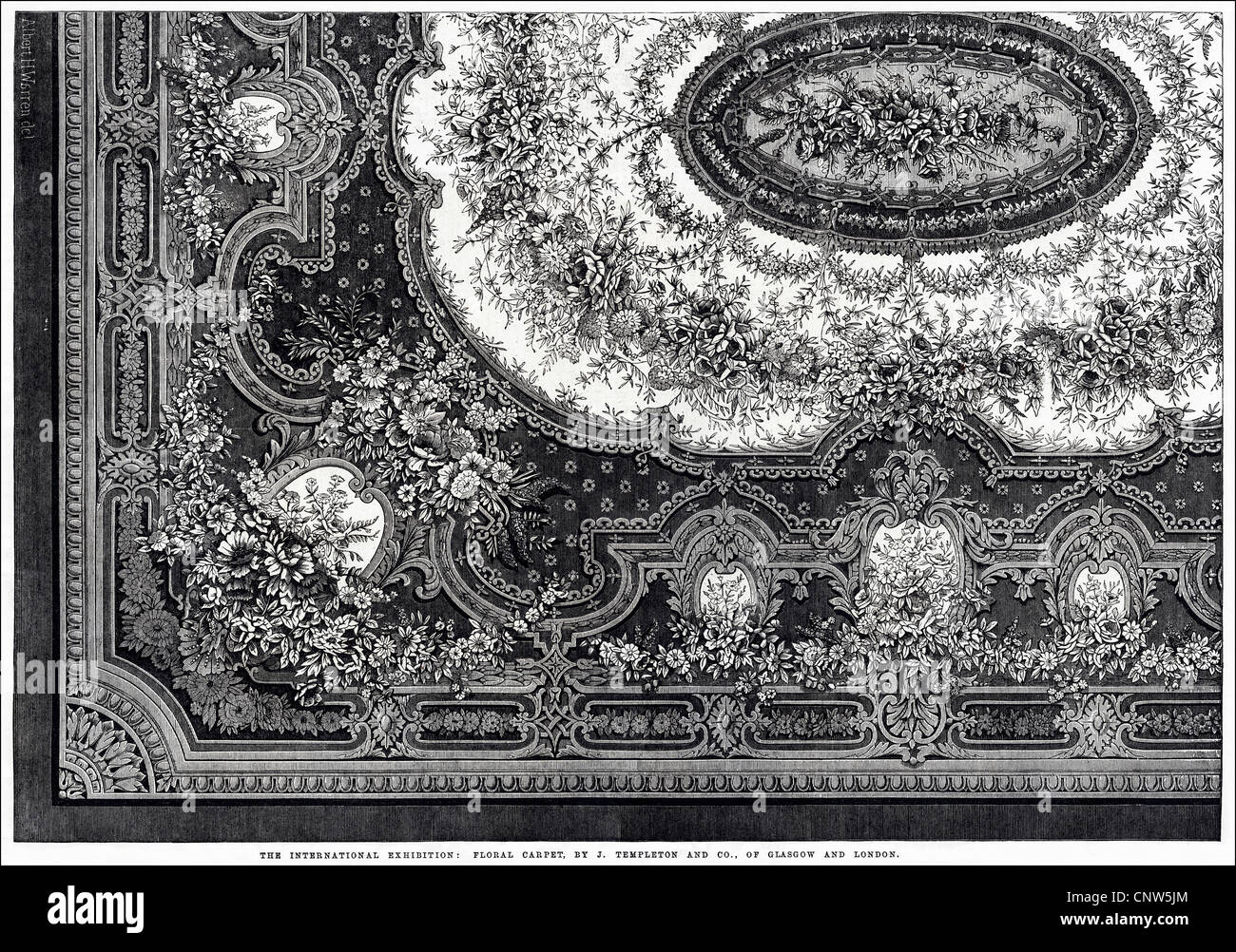 Floral carpet by J. Templeton and Co of Glasgow exhibited at The International Exhibition South Kensington London. Victorian engraving dated 12th July 1862 Stock Photo