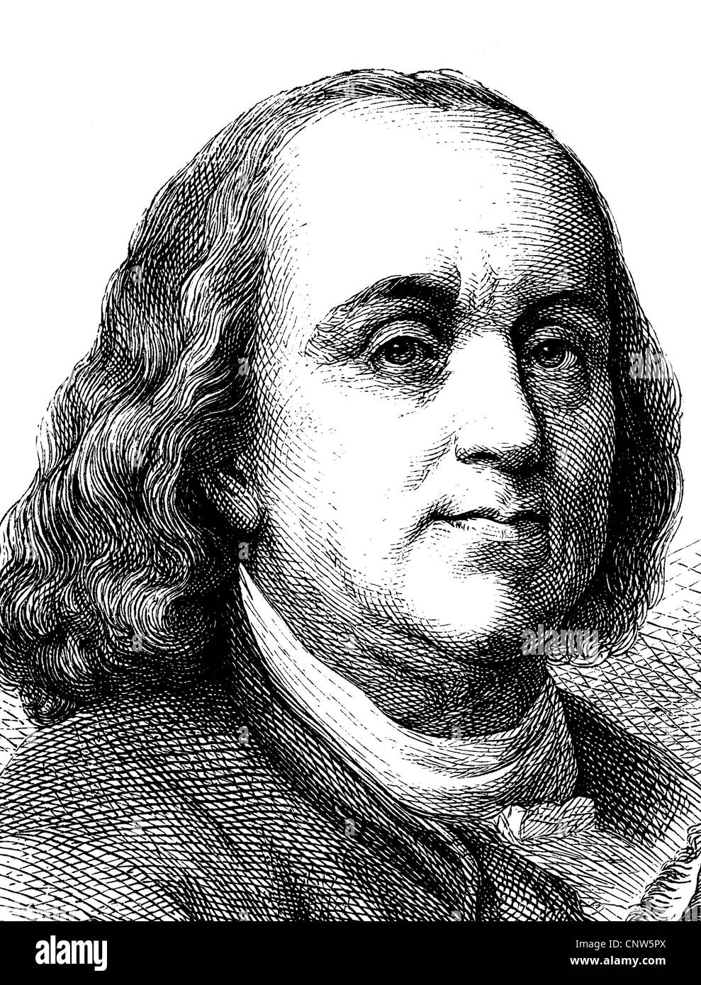 Benjamin Franklin, 1706 - 1790, a North American printer, publisher, writer, scientist, inventor and statesman, historical engra Stock Photo