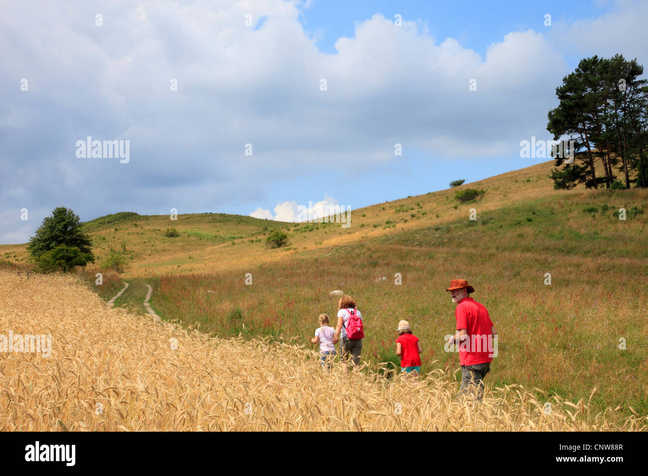 family walking in hilly landscape, Germany, Mecklenburg-Western Pomerania, Ruegen, Moenchgut Stock Photo