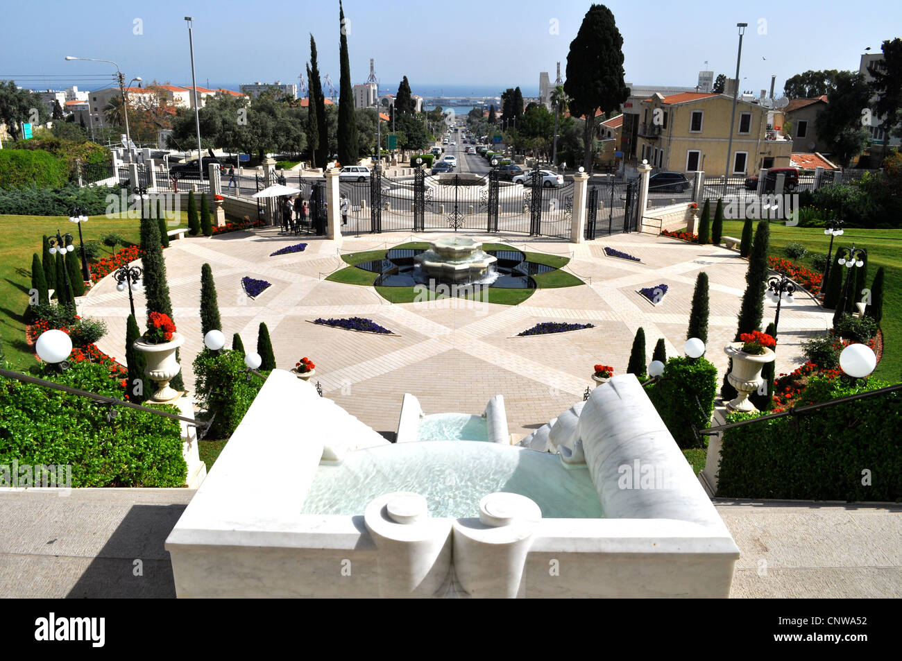 Ornate Bahai temple shrine gardens overlooking Haifa harbour, Israel, former Palestine in 2012 Stock Photo