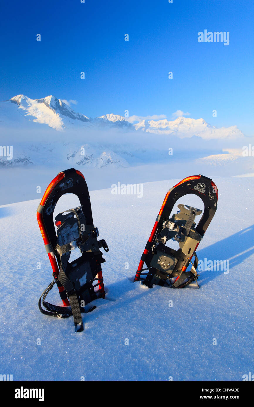 pair of snow shoes stuck into an untouched snow field in front of winterly snow-covered Wannenhorns and Aletsch Glacier, Switzerland, Valais Stock Photo