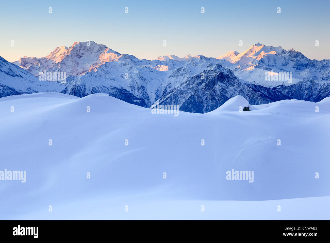 panoramic view from the Mischabel on Weissmies (4023 m), Fletschhorn (3992 m), Alphubel (4206 m) and Dom (4545 m) in the Valais Alps, Switzerland, Valais, Mischabel Stock Photo