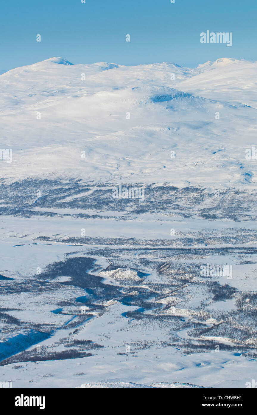 view to the east end of frozen up lake Kutjaure, frontier between Padjelanta, Stora Sjoefallet and Sarek Nationalpark , Sweden, Lapland, Norrbotten Stock Photo